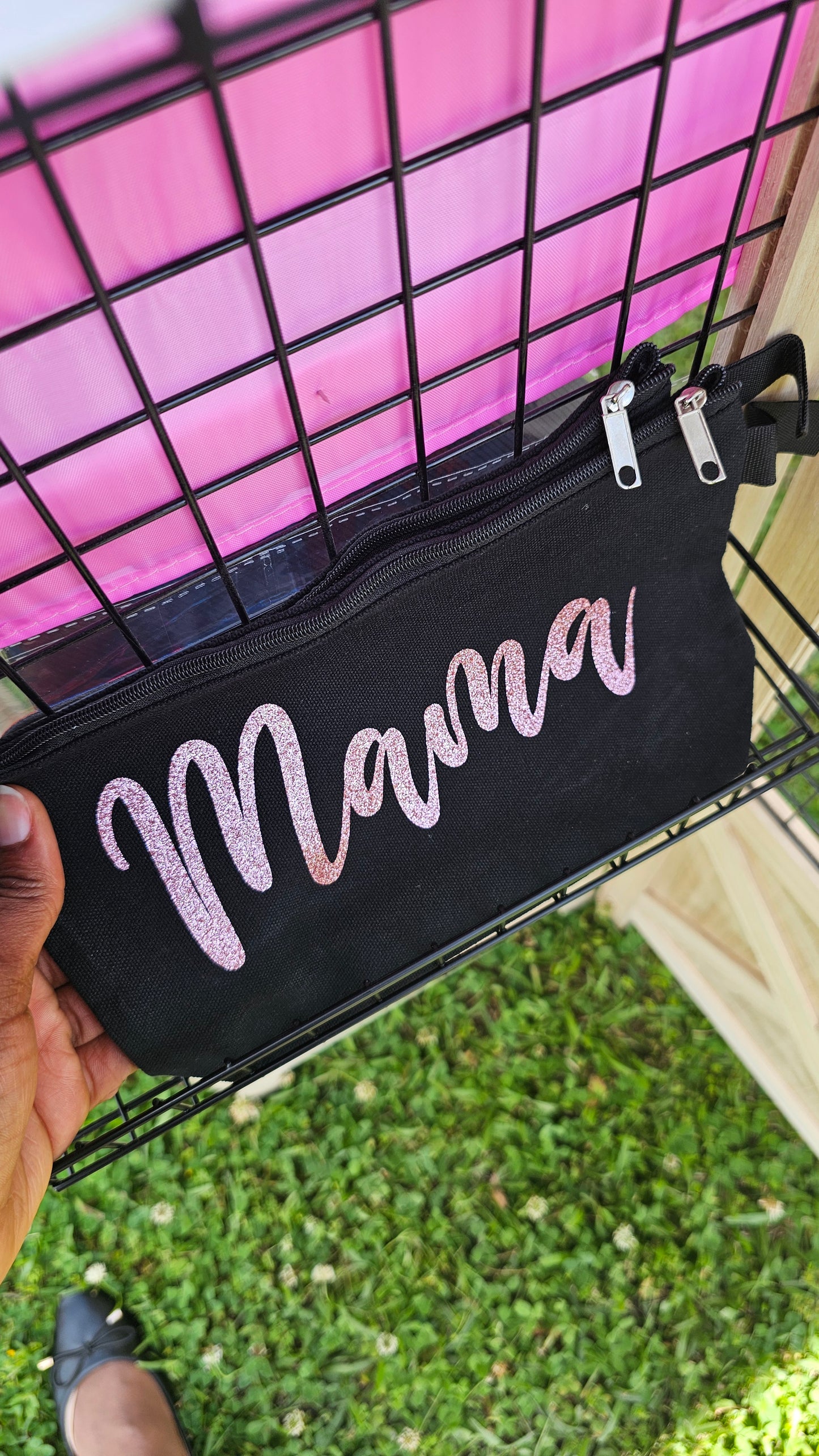 Black large zipper pouches bag with glitter text